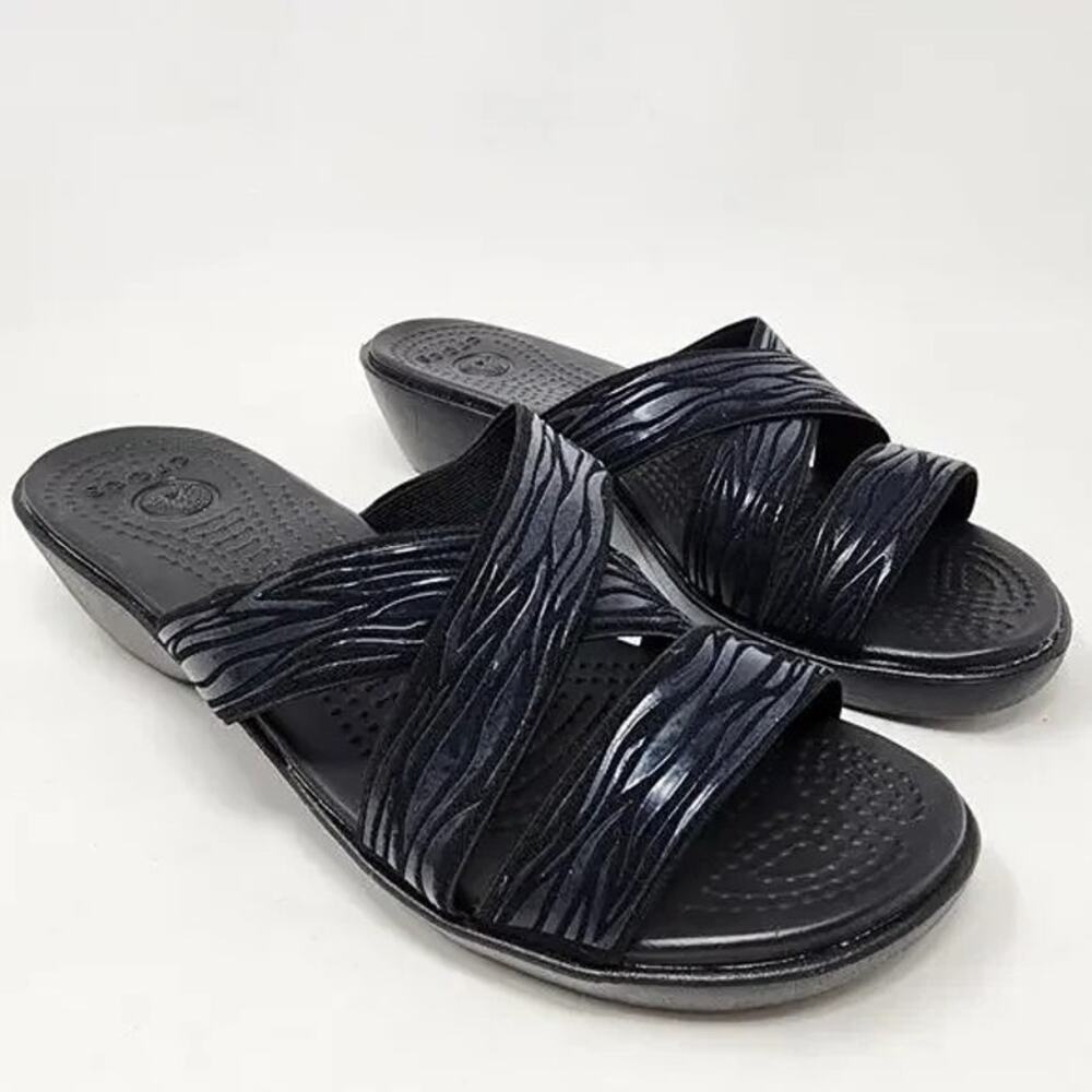 Crocs Molalla II Wedge Sandals - Black Rubber Animal Print - Size 8